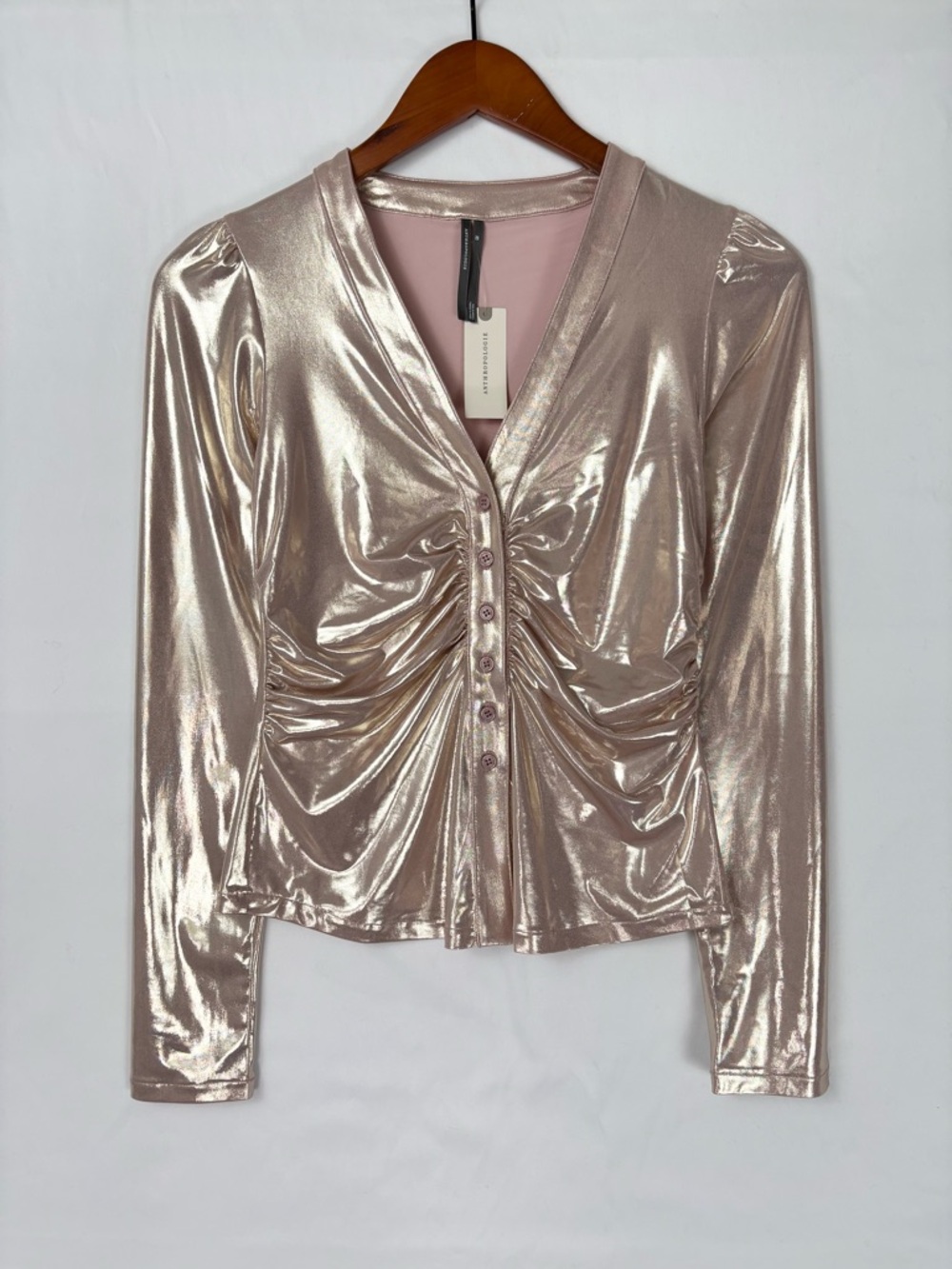 NEW Anthropologie Liquid Shine Ruched Button Down Shirt Pink Size XS